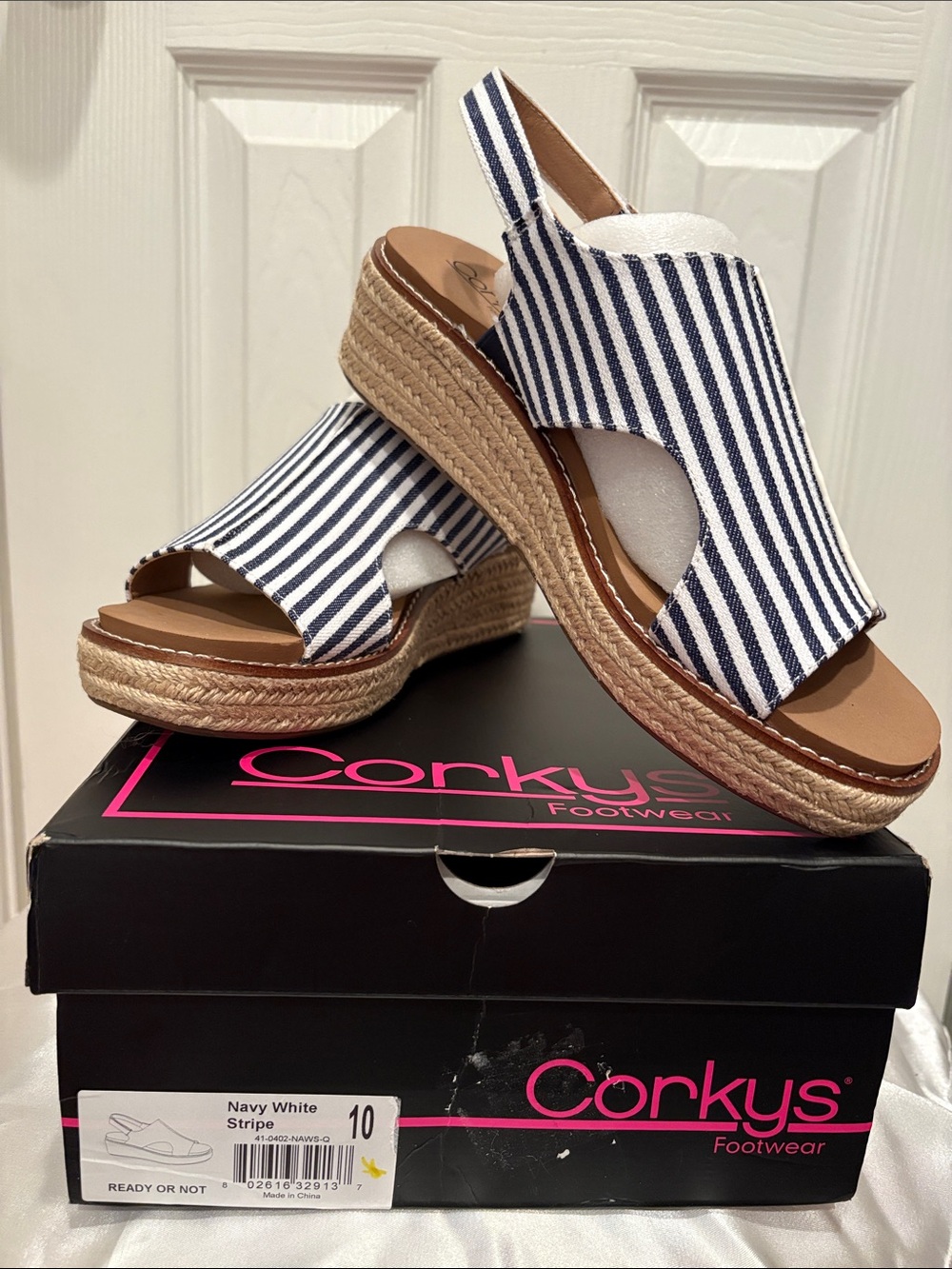 Corkys Navy and White Striped Espadrille Wedge Sandals